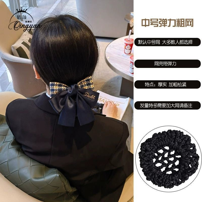 Nurse Hairnet with Bowknot - Chic Houndstooth Design