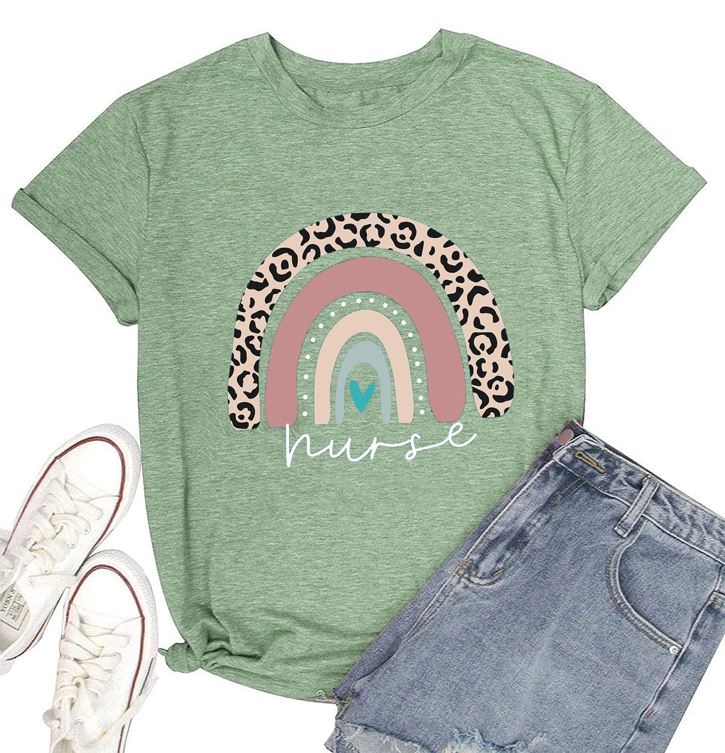 Womens Nurse Shirts Rainbow Nurse Graphic Tee Nurse Day Outfits Short Sleeve Nursing Top Green 1 XL