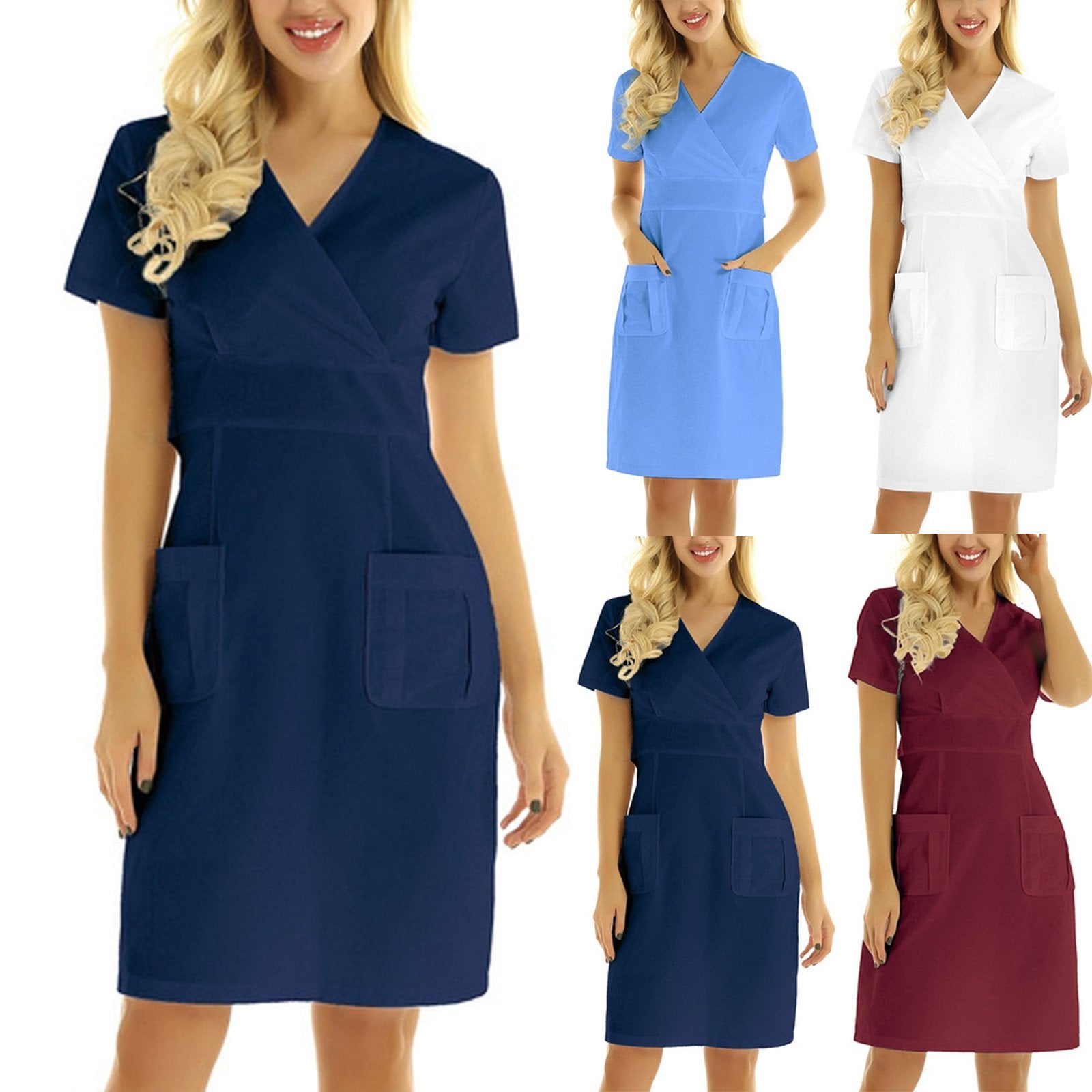 Women's Short-Sleeved V-Neck Nurse Uniform Dress