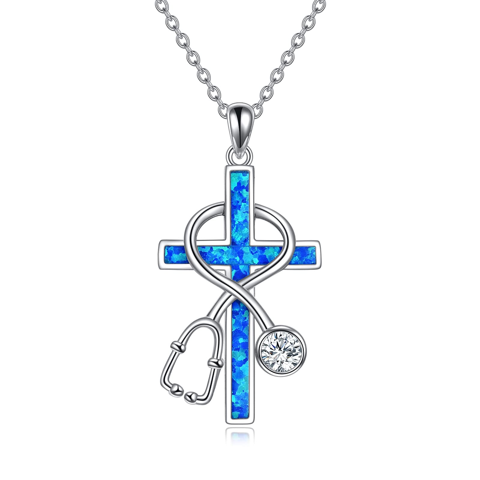 Nurse Practitioner Gifts Sterling Silver Stethoscope Necklace for Nurse Cross Pendant with Created Opal Nursing Theme Jewelry Gifts for Nurse Doctor Medical RN Nurse Christmas Gifts for Women