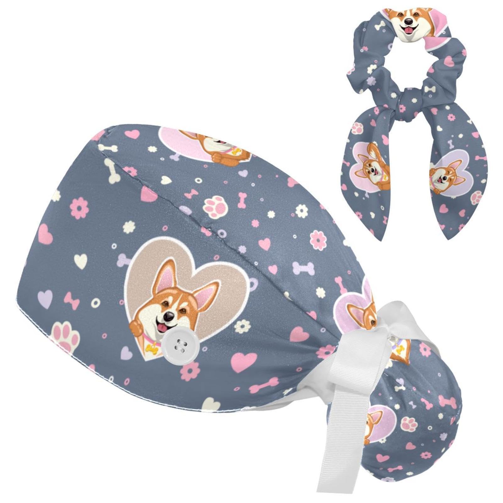 Working Hats with Buttons & Ribbon Ties for Women Cute Dogs Surgery Scrub Cap Long Hair Nurse Bouffant Caps