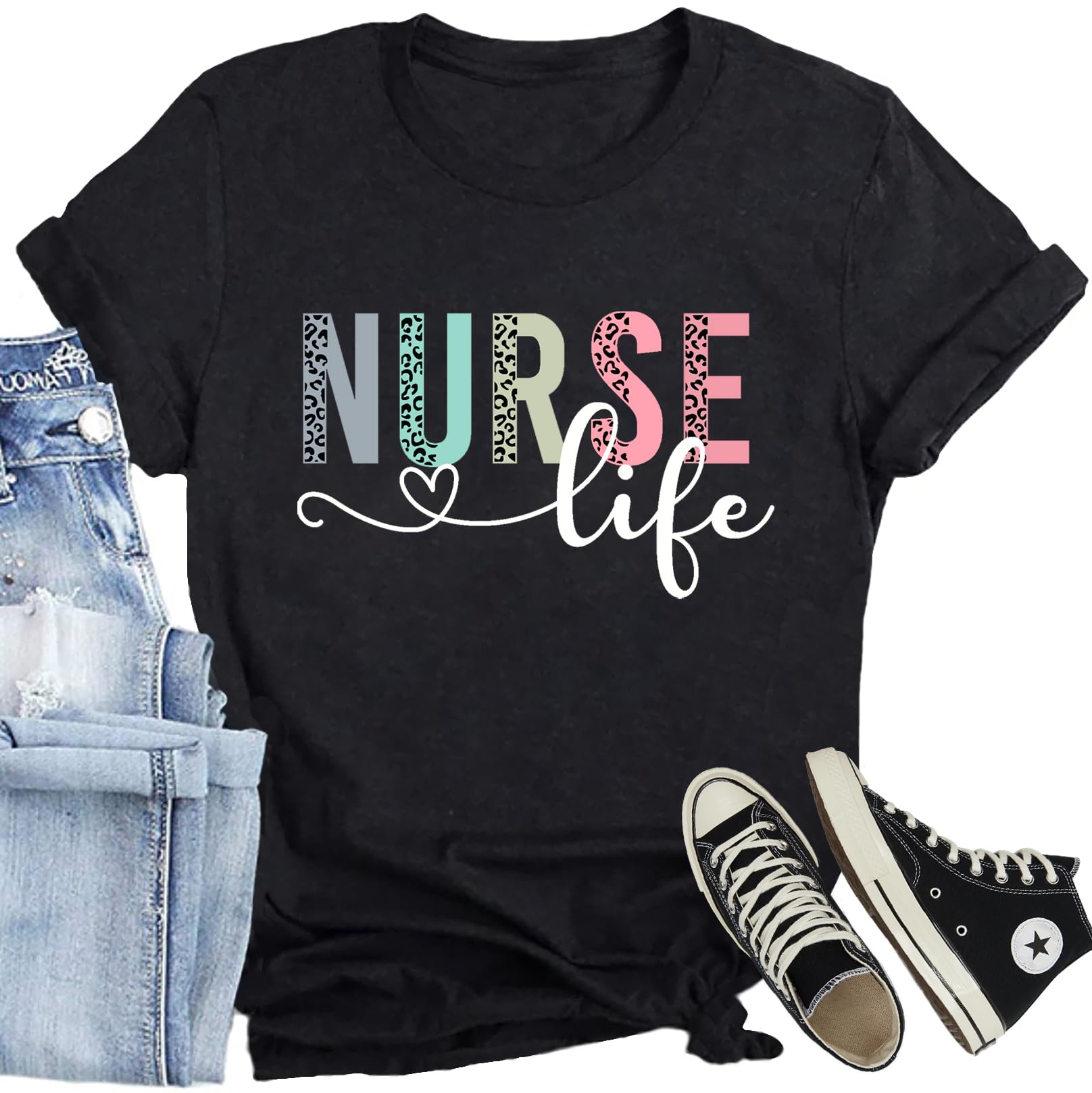 CQF Womens Nurse Shirt Nurse Life Letter Print Short Sleeve Register Nurse Inspirational Tee Tops Black
