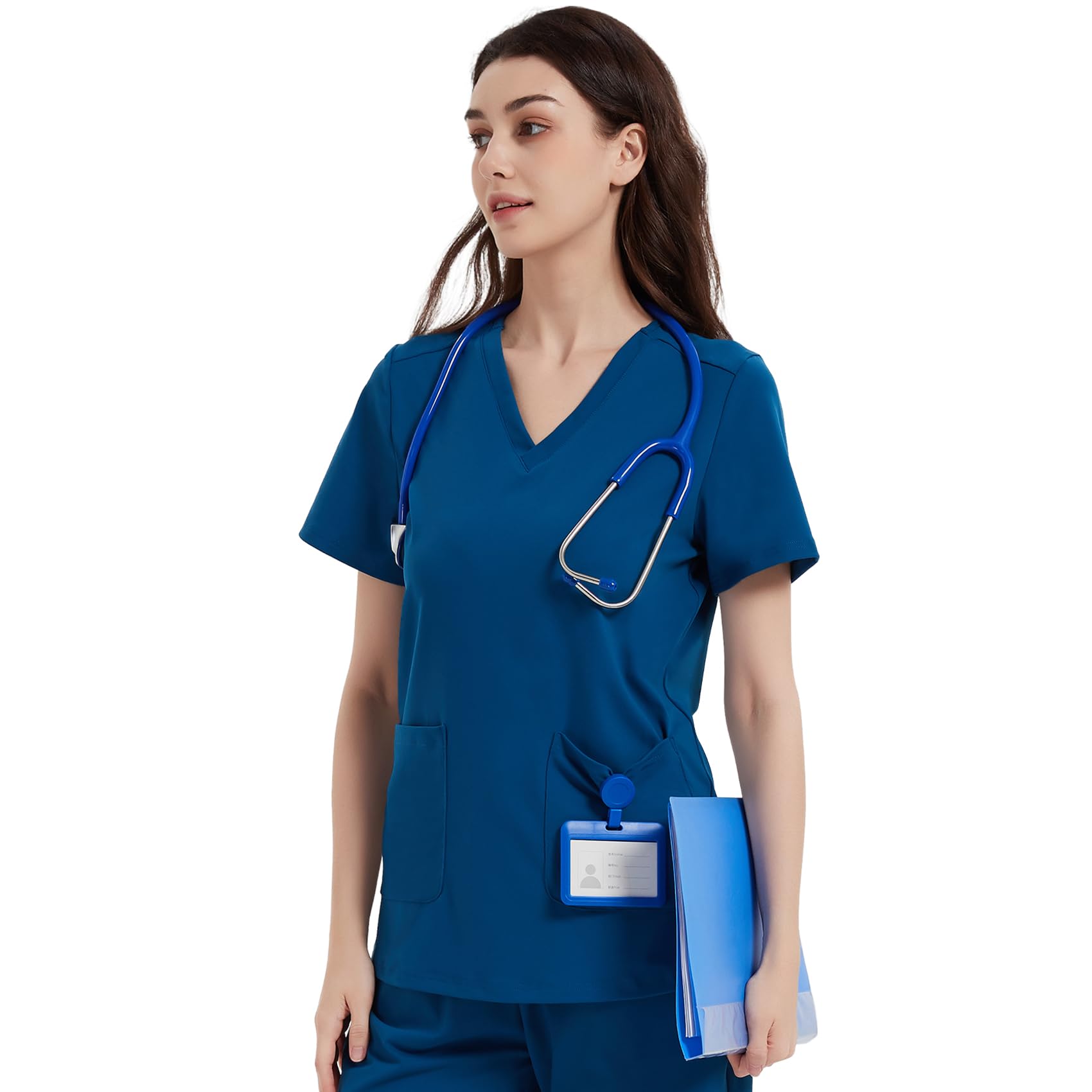 QBK Stretchy Scrub Tops Nurse Uniform Tops for Women with Pockets (SRoyal Blue)